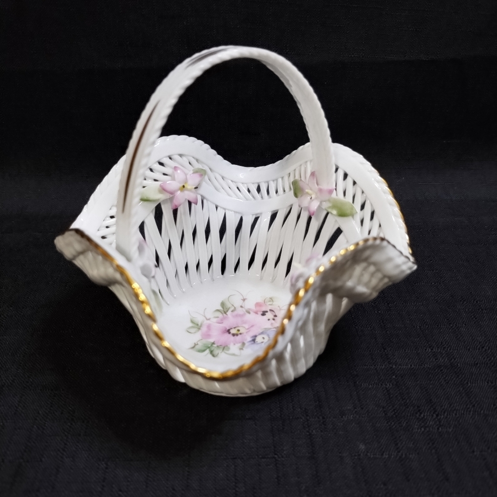 Vintage Transipor Porcelain Basket W 3D Porcelain Flowers, Hand Painted Flowers